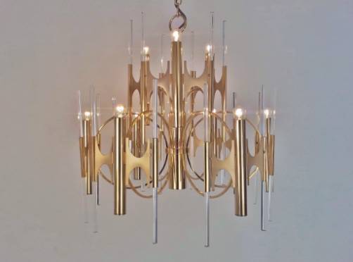 Sciolari vintage chandelier brass & crystal rods, 1970`s ca, Italian